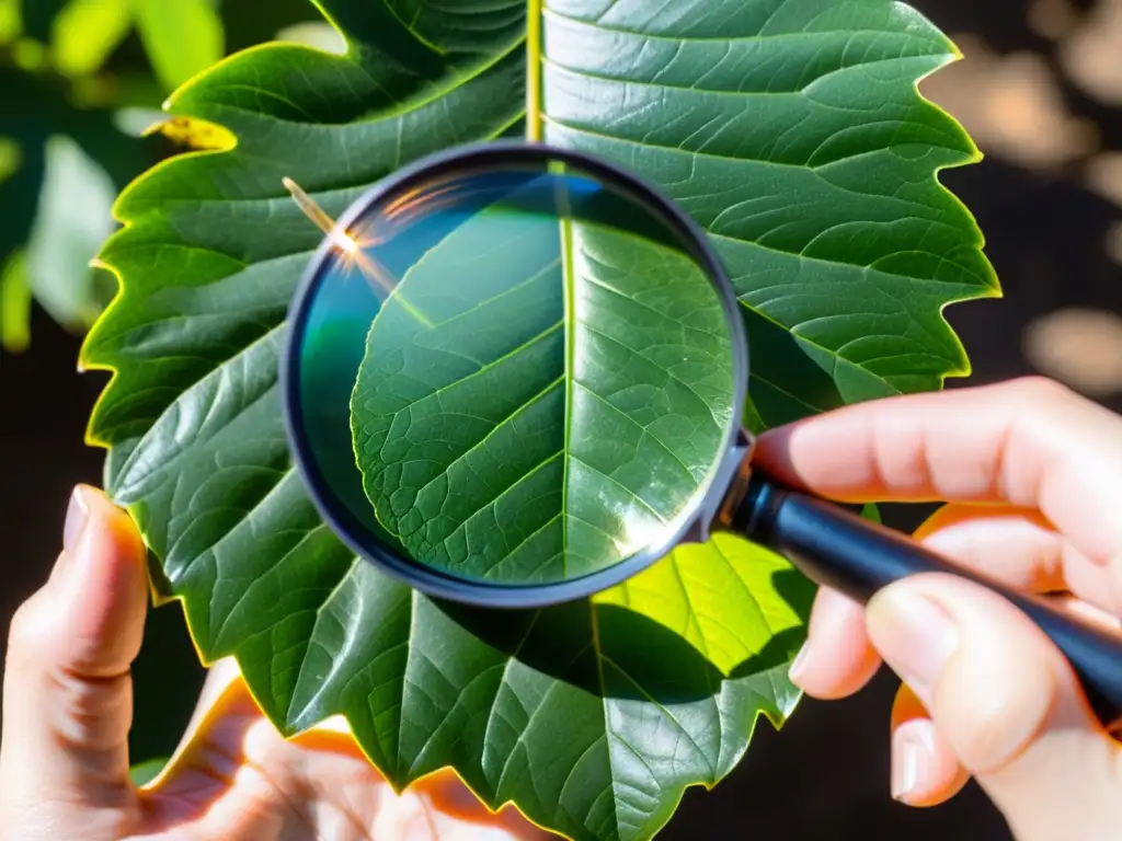 Una mano sostiene una lupa sobre una hoja verde con un insecto detallado