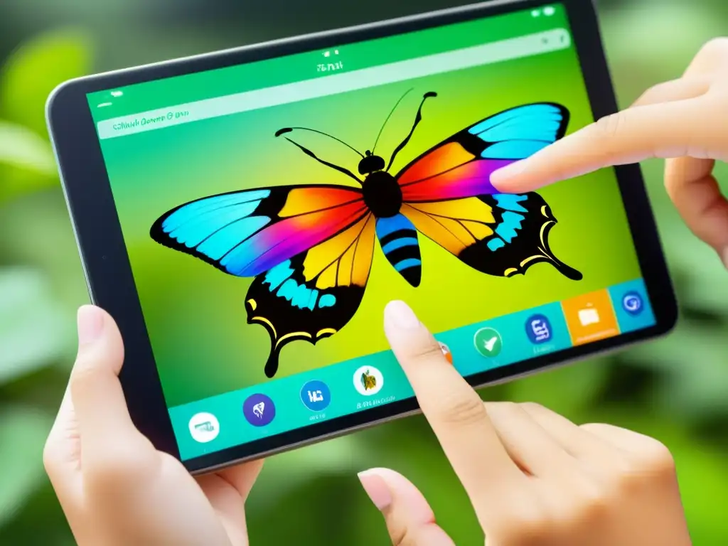 Mano de niño explorando una app interactiva para descubrir insectos con asombro