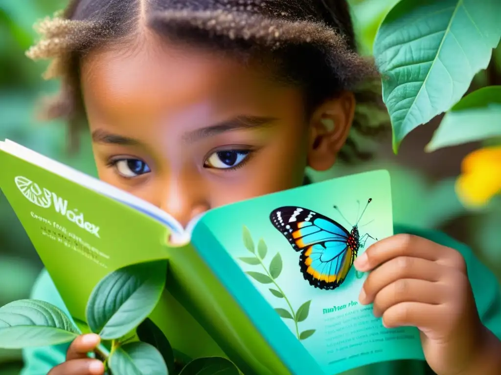 Mano de niño sostiene lupa sobre guía ilustrada de mariposa