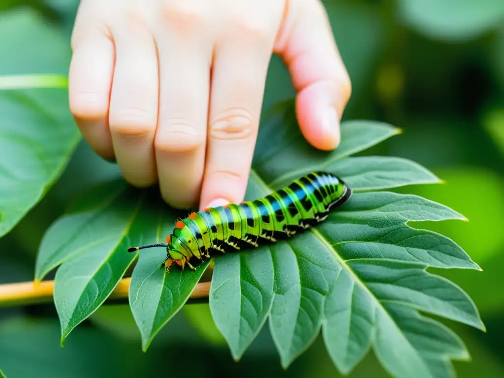 Mano de niño liberando cuidadosamente una oruga verde en hoja, resaltando la belleza natural