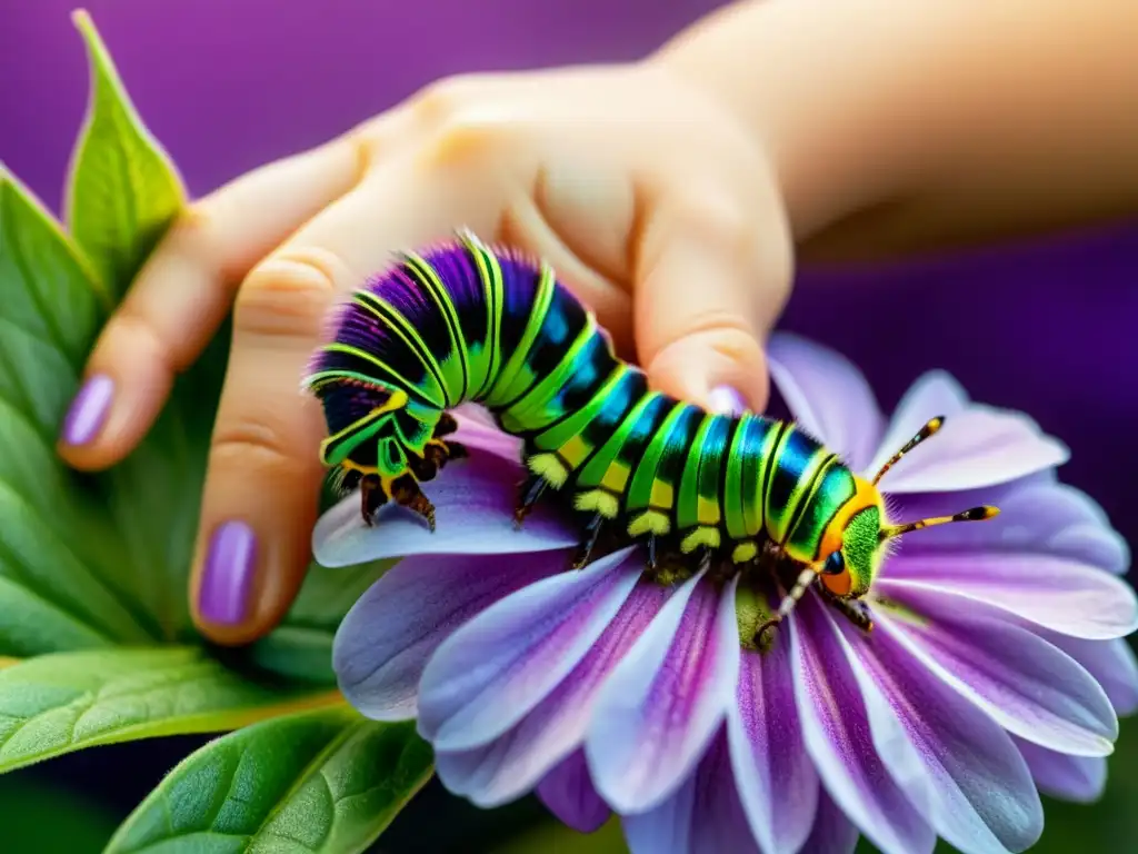 La mano de un niño alcanza una oruga verde en una flor morada brillante, mostrando la belleza de los insectos en la naturaleza