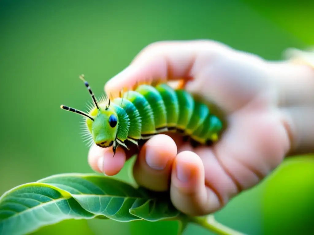 Mano de niño sostiene con ternura oruga verde