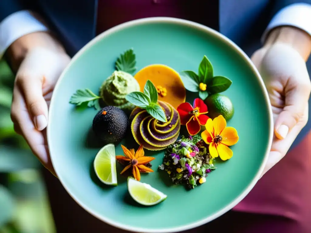 Una mano sostiene un plato de insectos comestibles gourmet, resaltando colores vibrantes y texturas detalladas