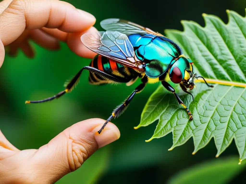 Mano prehistórica toca delicadamente un insecto en exuberante paisaje