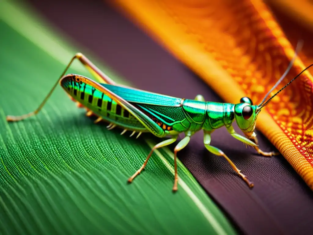 Mano sosteniendo delicadamente un saltamontes verde sobre tejidos intrincados en tonos terrosos