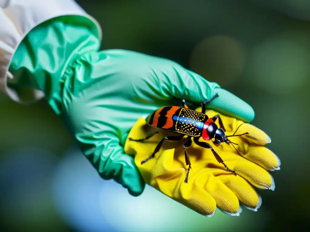 Manos de científico con equipo de protección observando insecto con cuidado y precisión, resaltando la importancia de la seguridad