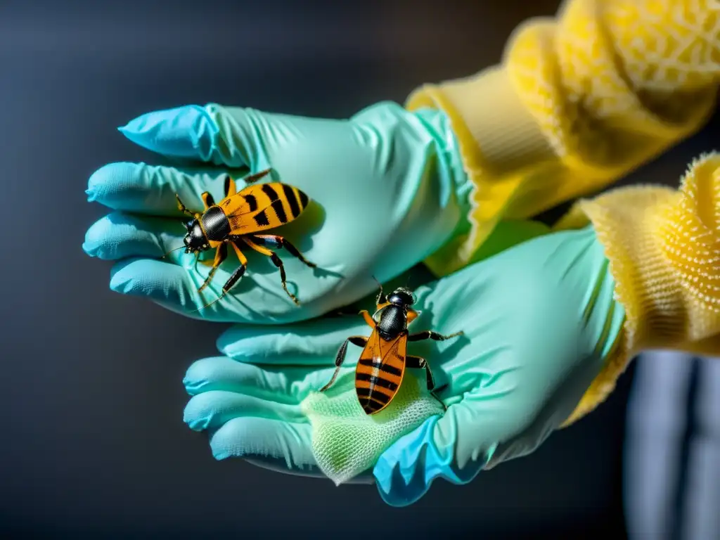 Manos colocando con cuidado guantes de protección para observación de insectos, resaltando la precisión y seguridad del equipo