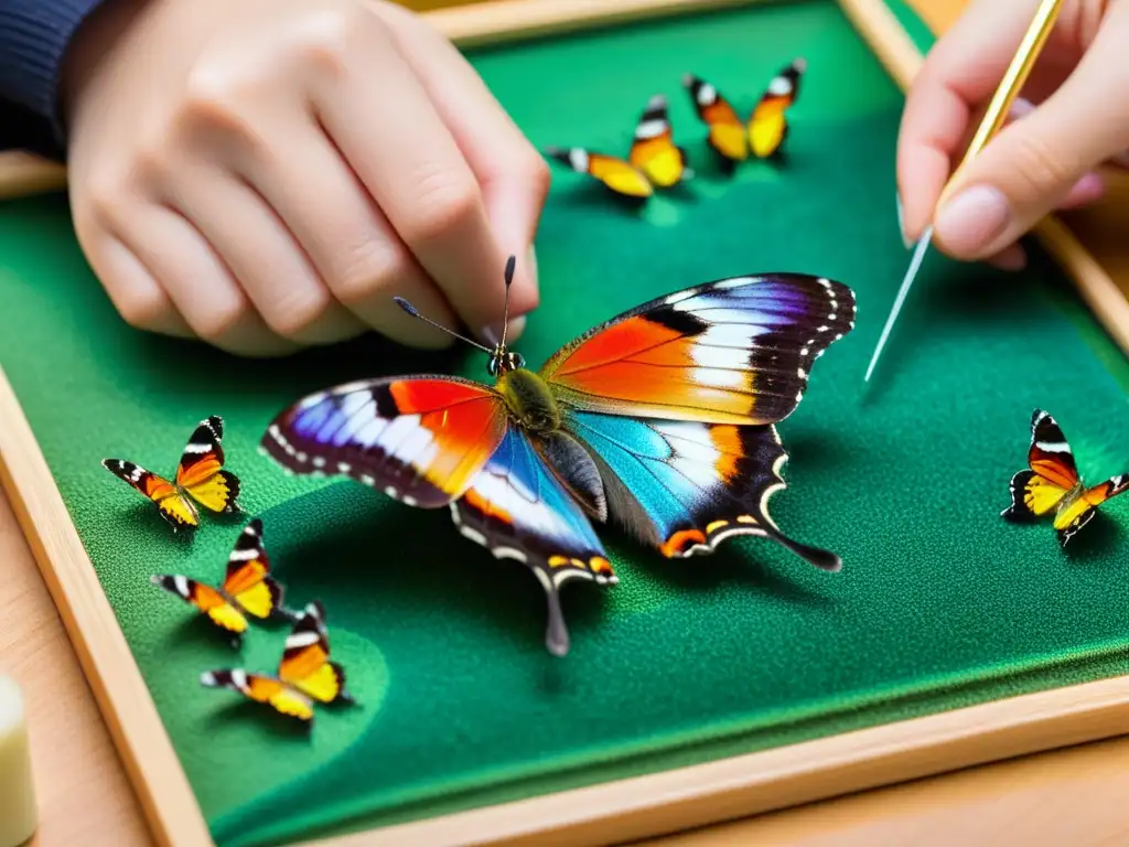 Manos cuidadosas montando mariposa en tablero, destacando colección de insectos para principiantes