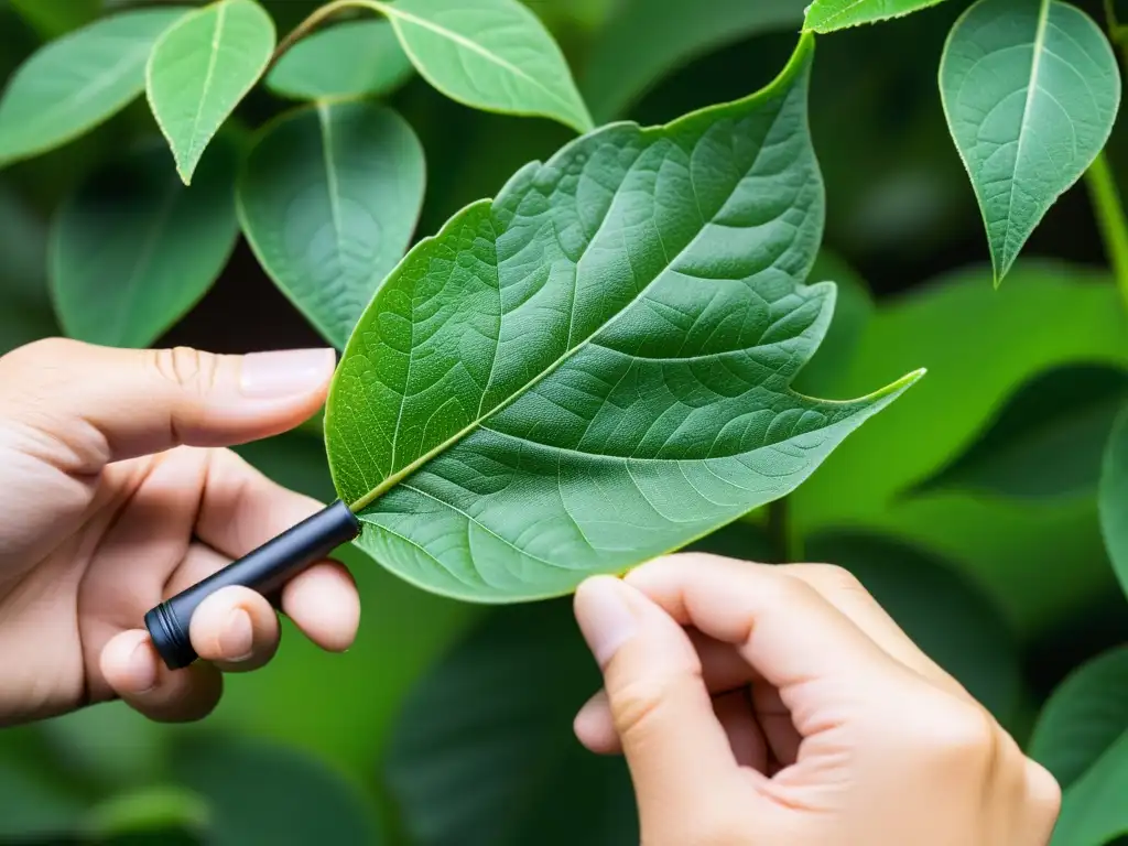 Manos con equipo protección observación insectos seguridad examinando hoja y insectos con lupa, destacando detalles y precisión