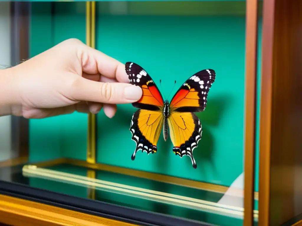 Manos expertas de un coleccionista de insectos cuidadosamente fijando una mariposa vibrante en un estuche de terciopelo