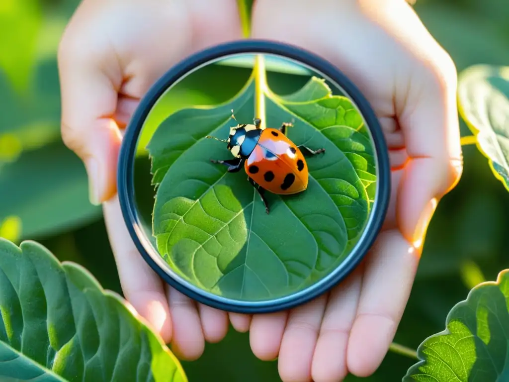 Las manos del niño sostienen una lupa sobre una hoja verde con una mariquita