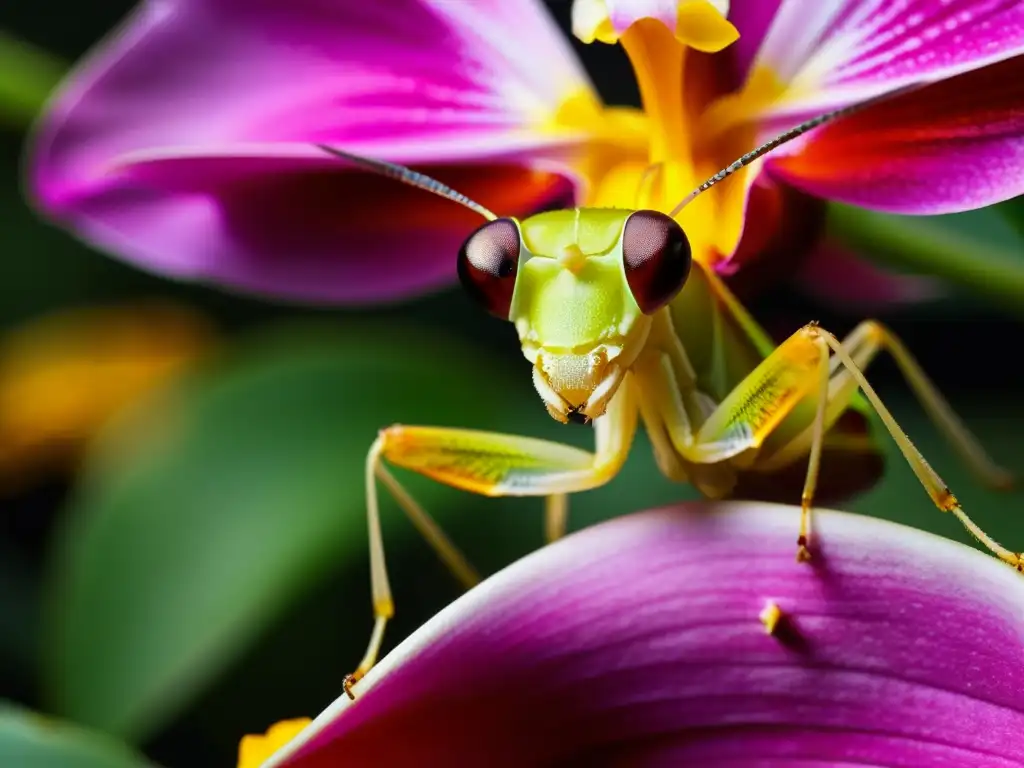 Una mantis flor con camuflaje perfecto entre pétalos vibrantes, estrategias de engaño para atraer insectos