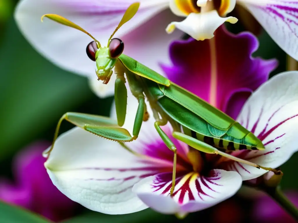 Una mantis flor camuflada entre pétalos de orquídea, imitando perfectamente los colores y patrones