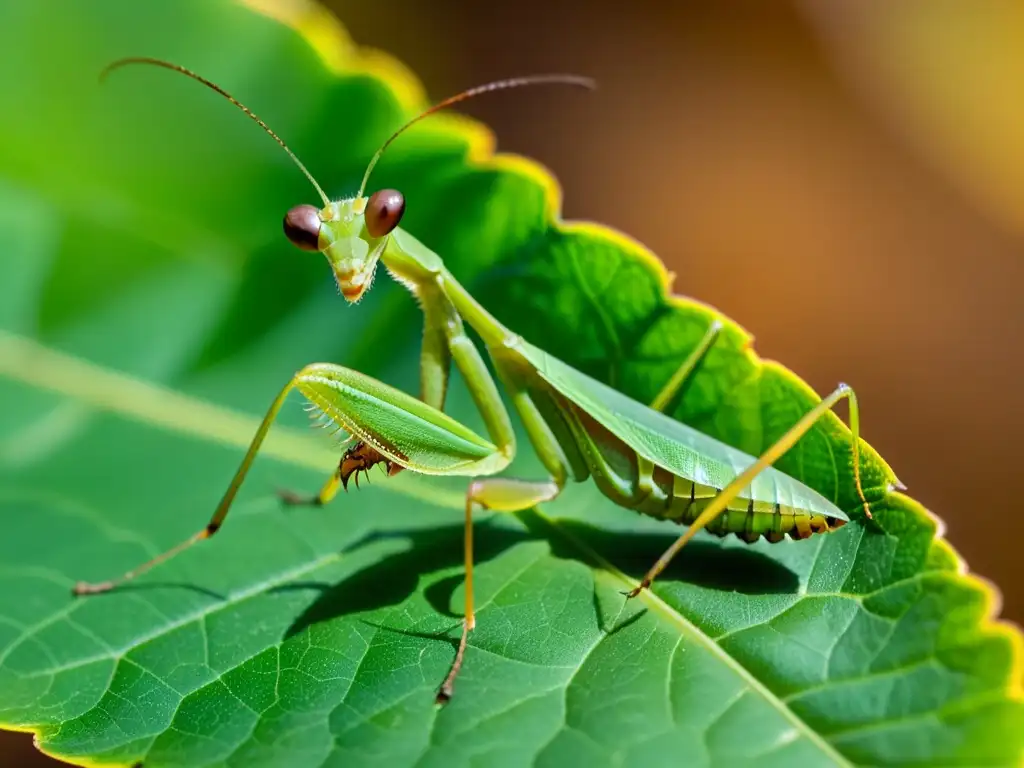 Una mantis religiosa en detalle, posada en una hoja delicada