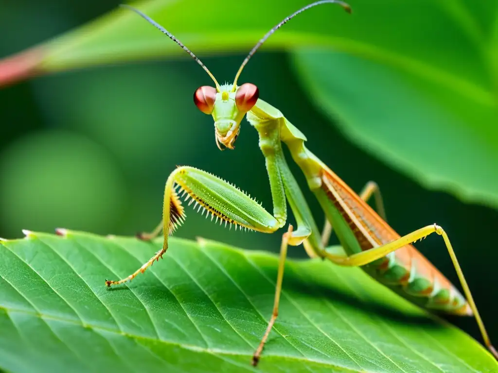 Una mantis religiosa hembra limpia sus patas con delicadeza sobre una hoja