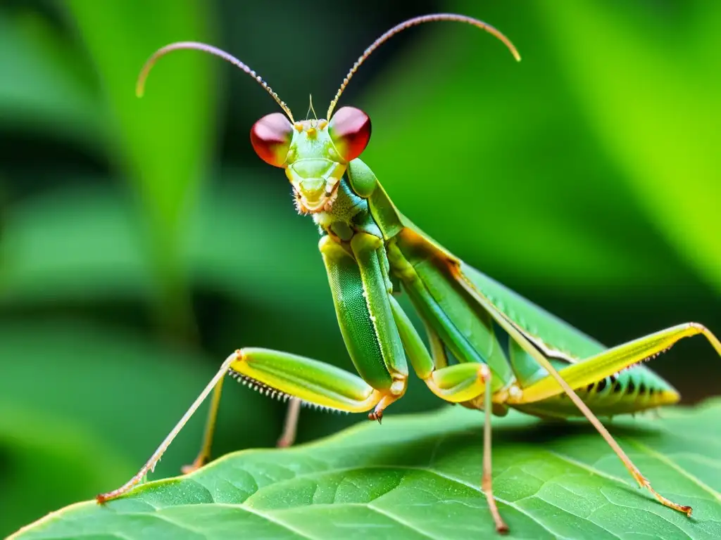 Una mantis religiosa en una hoja, con su exoesqueleto detallado y ojos multifacetados capturando la luz