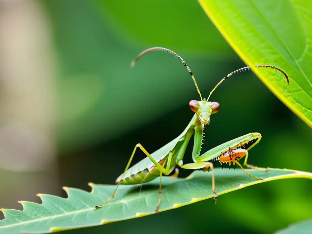 Una mantis religiosa acecha en una hoja verde brillante, listo para atacar