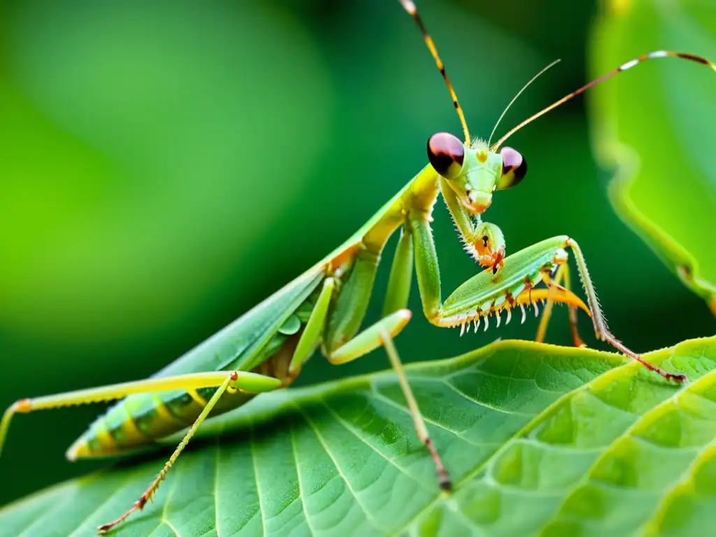 Una mantis religiosa se posa en una hoja verde brillante, con detalles nítidos y ojos que brillan al sol