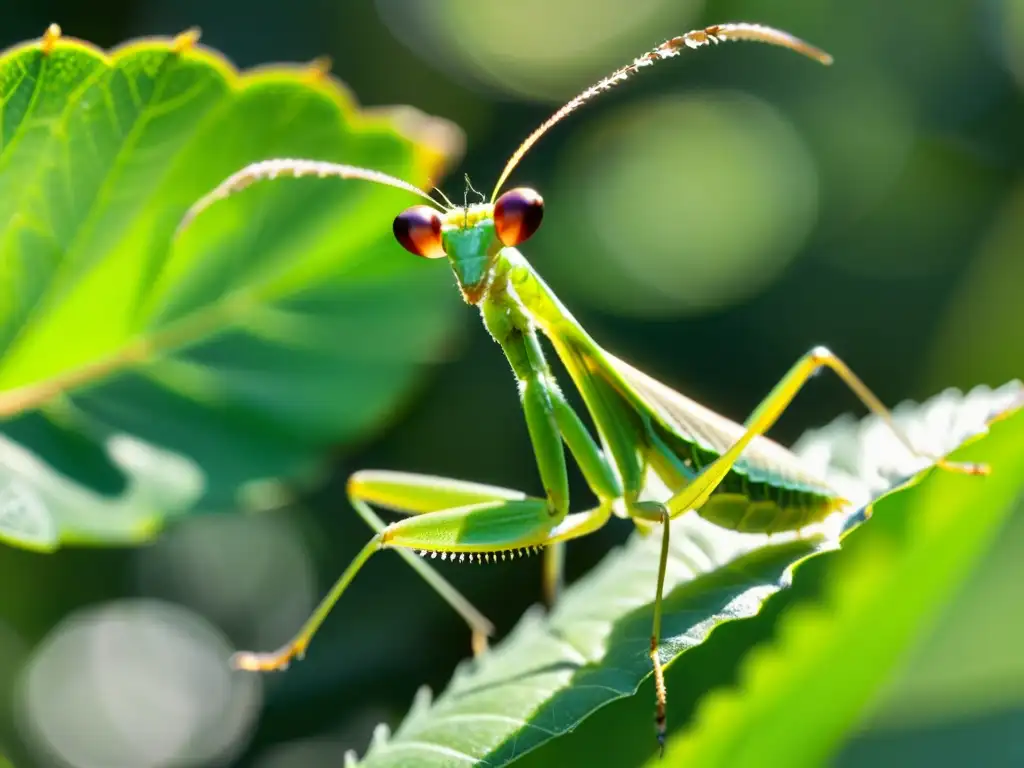 Una mantis religiosa en un momento de quietud, con cada detalle de su cuerpo y ojos nítidamente enfocados