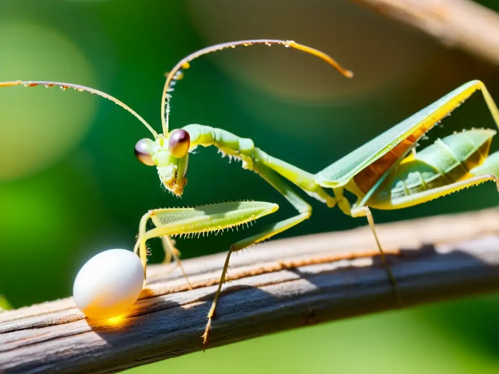 Una mantis religiosa deposita su ooteca en una rama, destacando la textura de su exoesqueleto y la delicada colocación de cada huevo