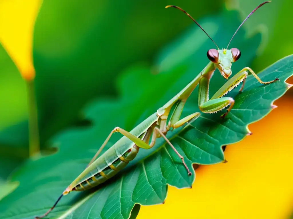 Mantis religiosa simbolismo ancestral: Una mantis religiosa majestuosa, con su exoesqueleto detallado, sobre una hoja verde vibrante, bajo la luz del sol