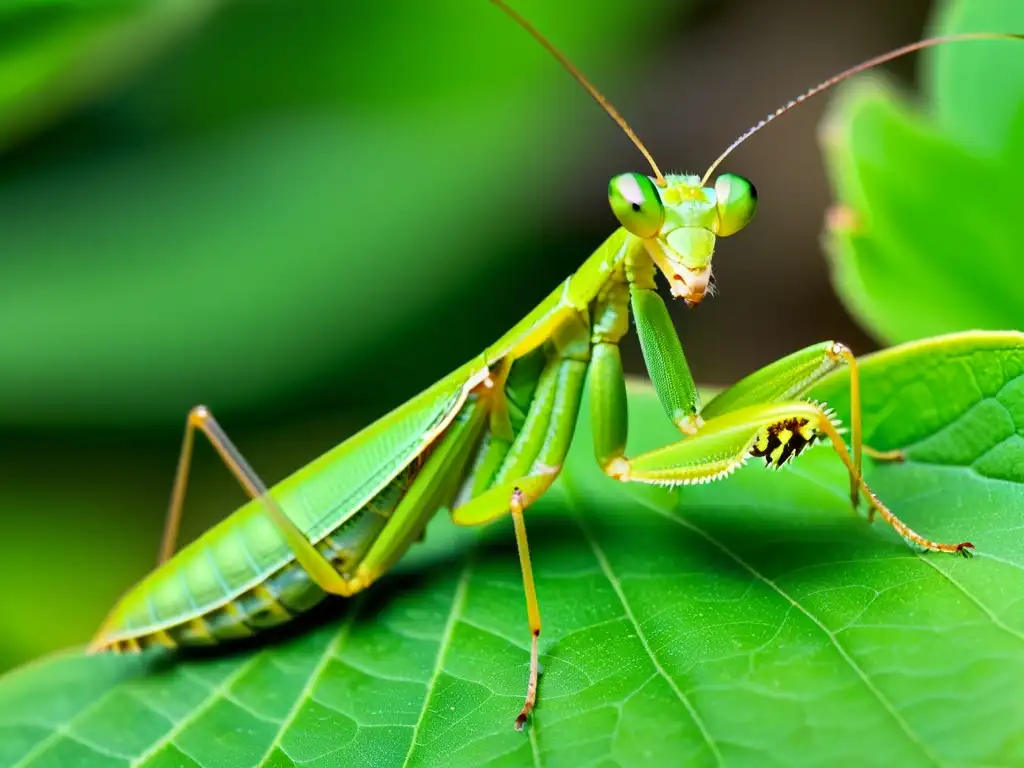 Una mantis religiosa verde y detallada, con ojos misteriosos, en una hoja