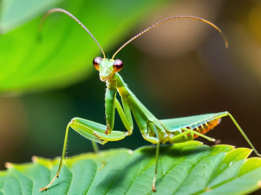 Una mantis religiosa verde descansa en una hoja, mostrando la importancia de los insectos en ecosistemas