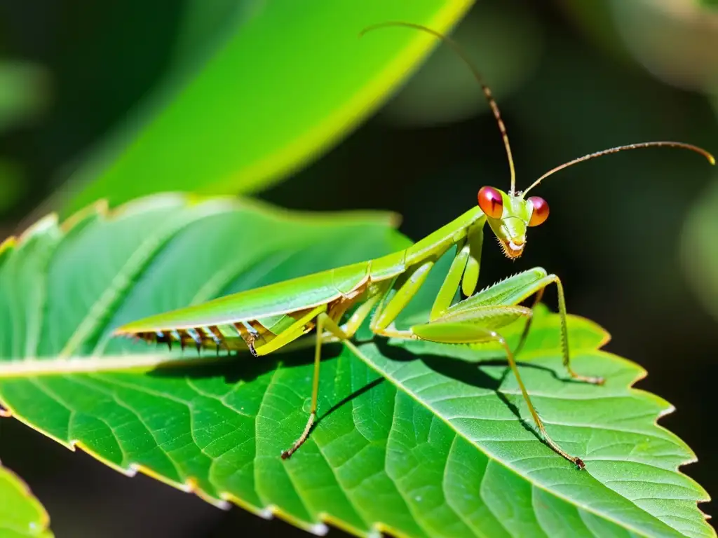 Una mantis religiosa verde en una hoja, con sus ojos facetados reflejando el follaje