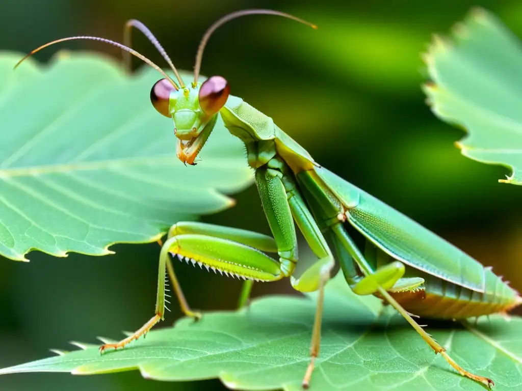 Una mantis religiosa verde en una hoja, revelando la belleza terapéutica de los insectos