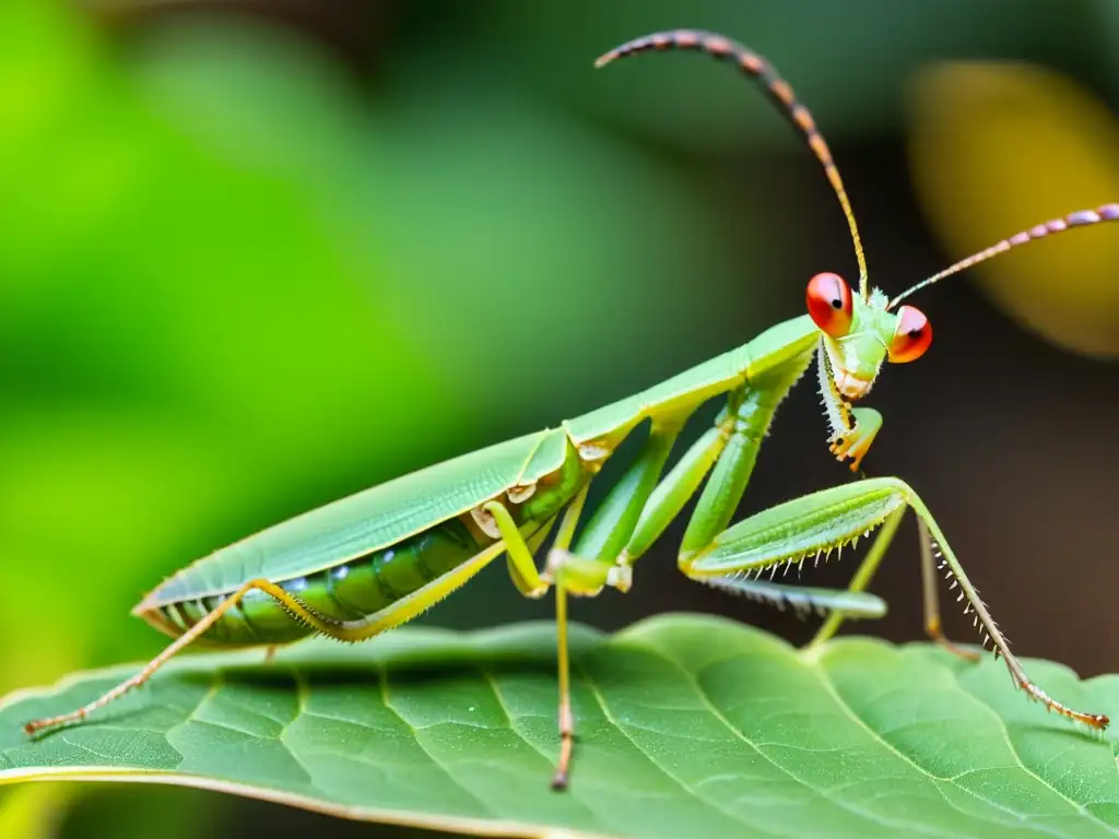 Una mantis religiosa verde espera pacientemente en una hoja