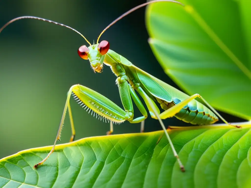 Una mantis religiosa verde en una hoja con detalle en sus ojos y alas, mostrando la belleza de estos insectos