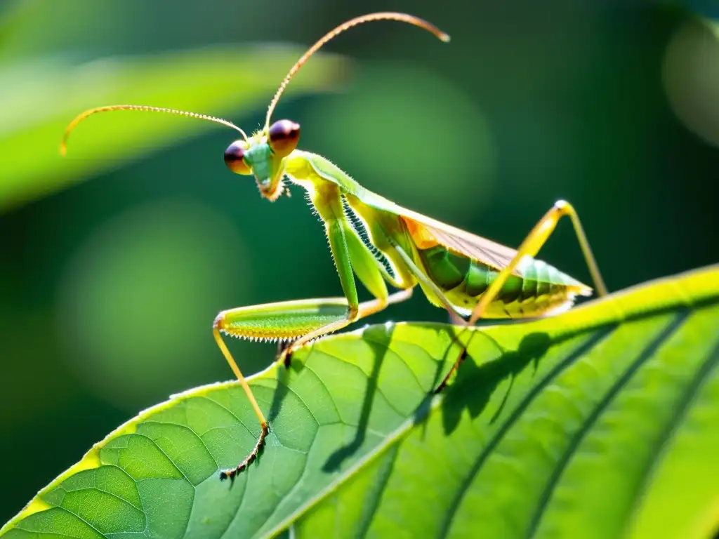 Una mantis religiosa verde posada en una hoja, despliega sus alas detalladas bajo la luz del sol