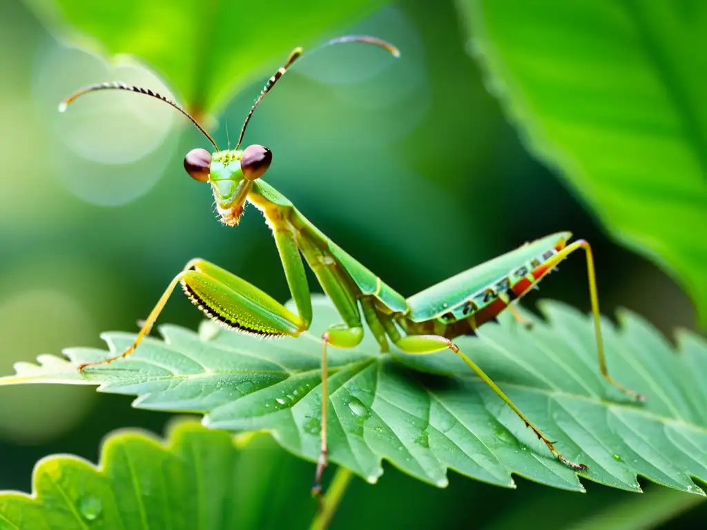 'Una mantis religiosa verde en primer plano sobre una hoja, con sus detalles y patas segmentadas claramente visibles