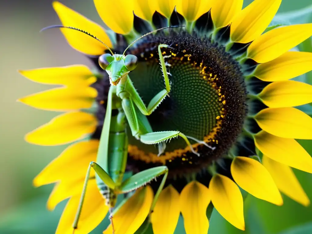 Una mantis religiosa verde vibrante sobre un girasol amarillo, resaltando la importancia de los insectos en la cadena alimenticia