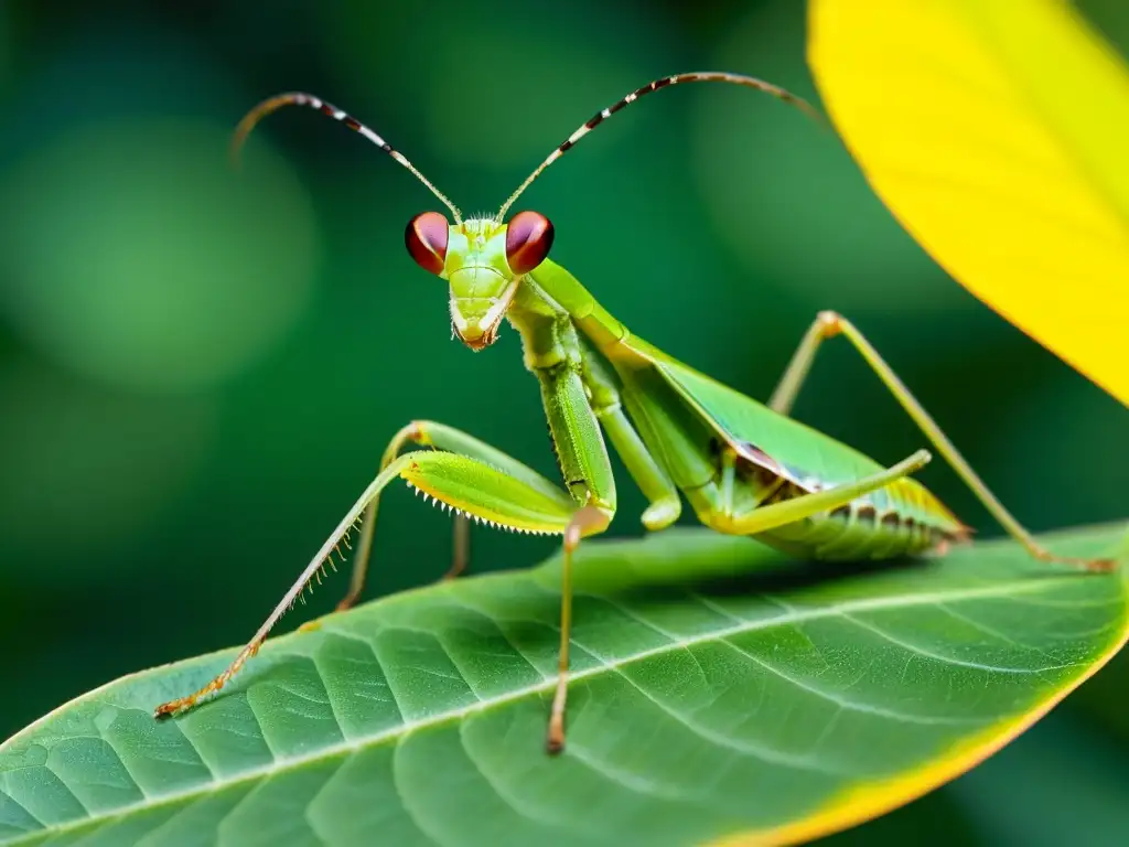 Una mantis religiosa verde vibrante descansa en una hoja delicada
