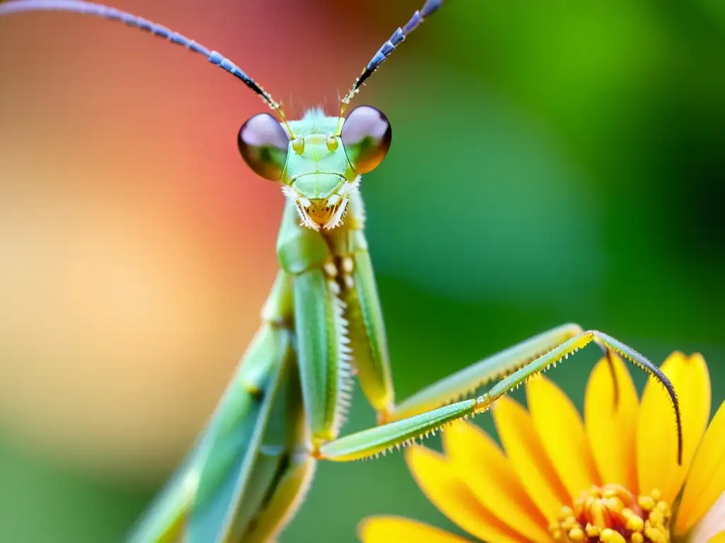 Una mantis religiosa verde vibrante posada en una flor, detallada y cautivadora