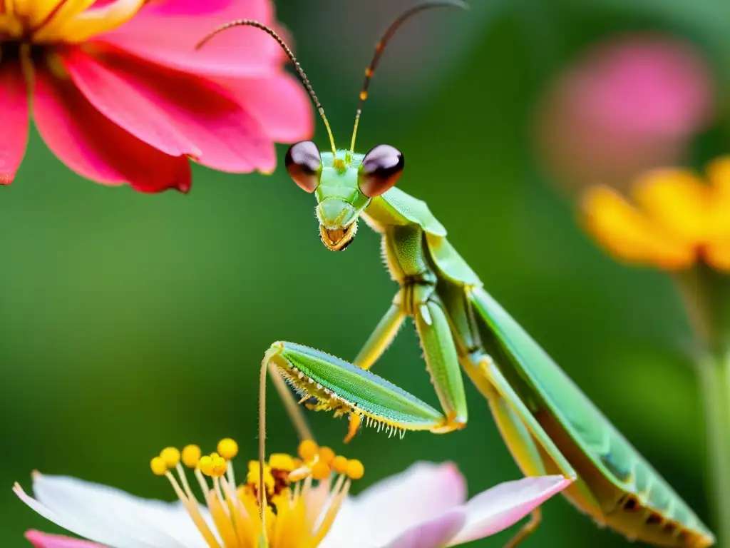 Una mantis religiosa verde vibrante descansa en pétalos de flor