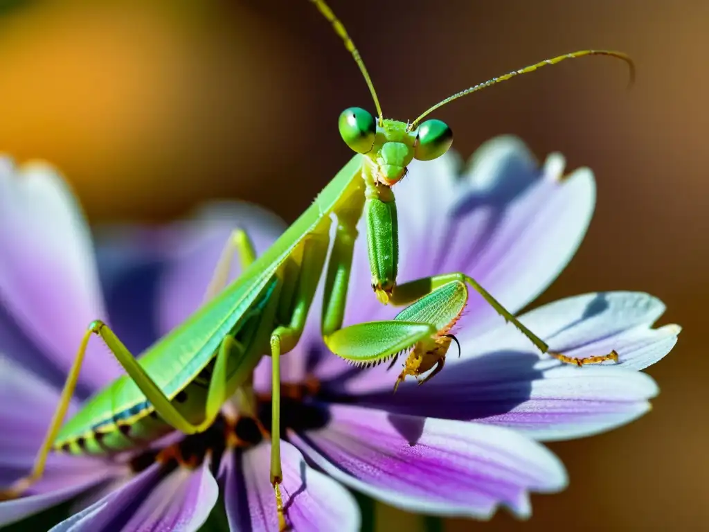 Una mantis religiosa verde vibrante posada en un pétalo de flor morada