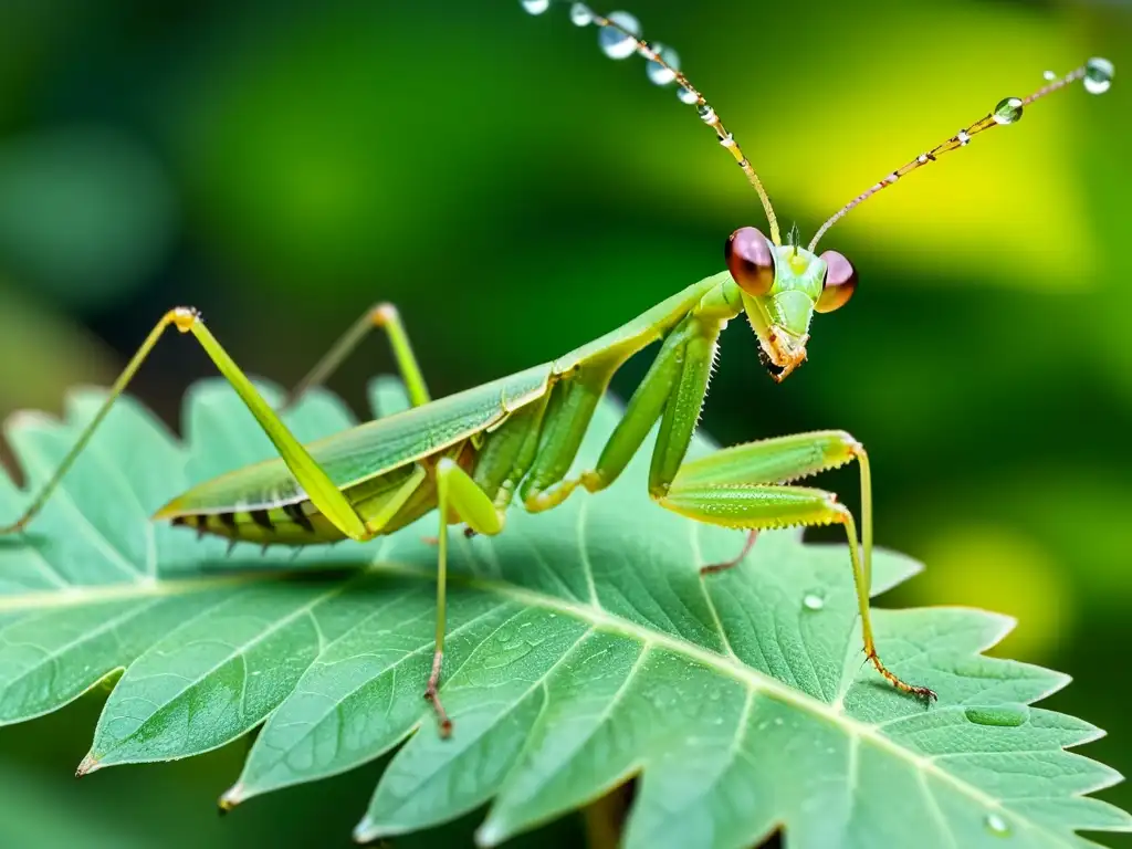 Un mantis religiosa verde vibrante posada en una hoja, con gotas de rocío y follaje de fondo