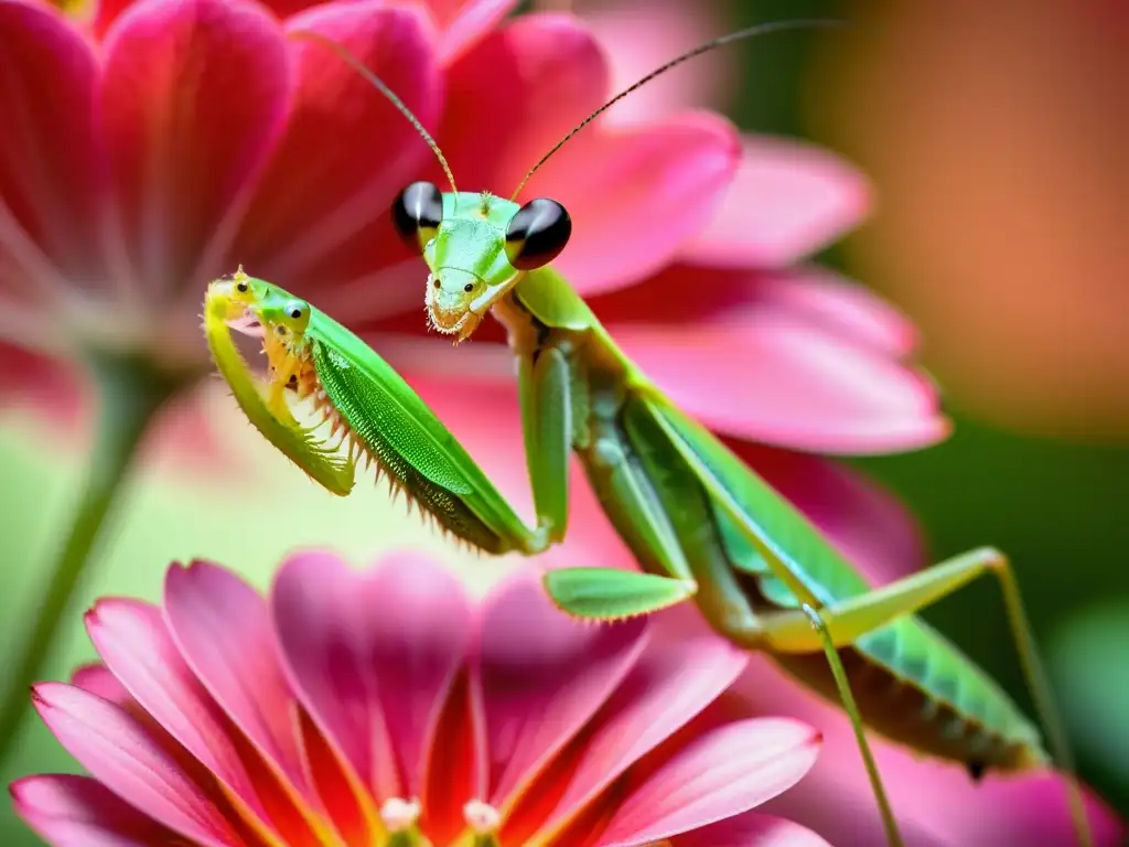 Una mantis religiosa verde vibrante posada en un pétalo de flor rosa, mostrando la importancia de los insectos en los ecosistemas urbanos