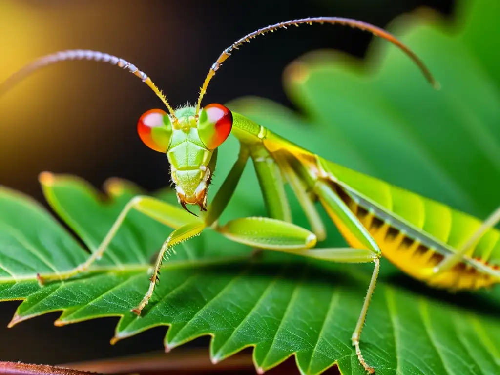 Una mantis religiosa verde vibrante posada en una hoja, con la luz solar filtrándose a través de ella