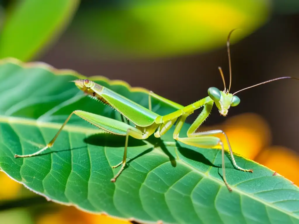 Una mantis religiosa verde vibrante y detallada en una hoja, con gotas de rocío brillando como diamantes