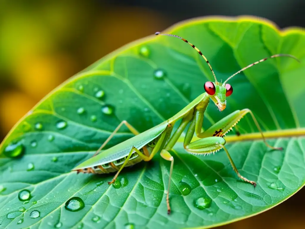 'Una mantis religiosa verde vibrante descansa en una hoja, con sus ojos compuestos en primer plano