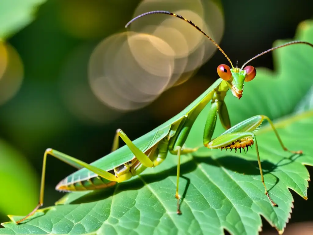 Una mantis religiosa verde vibrante posada en una hoja, con sus ojos compuestos en primer plano, iluminada por la luz solar