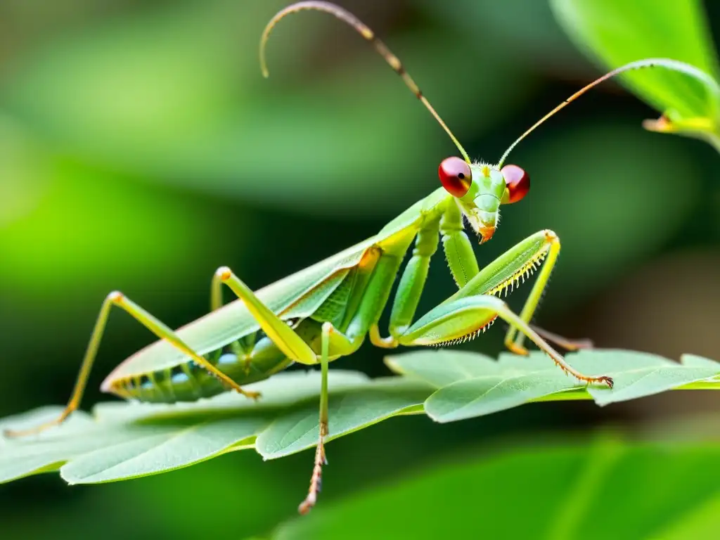 Una mantis religiosa verde vibrante descansa en una hoja, sus detalles impresionantes se destacan con la luz del sol