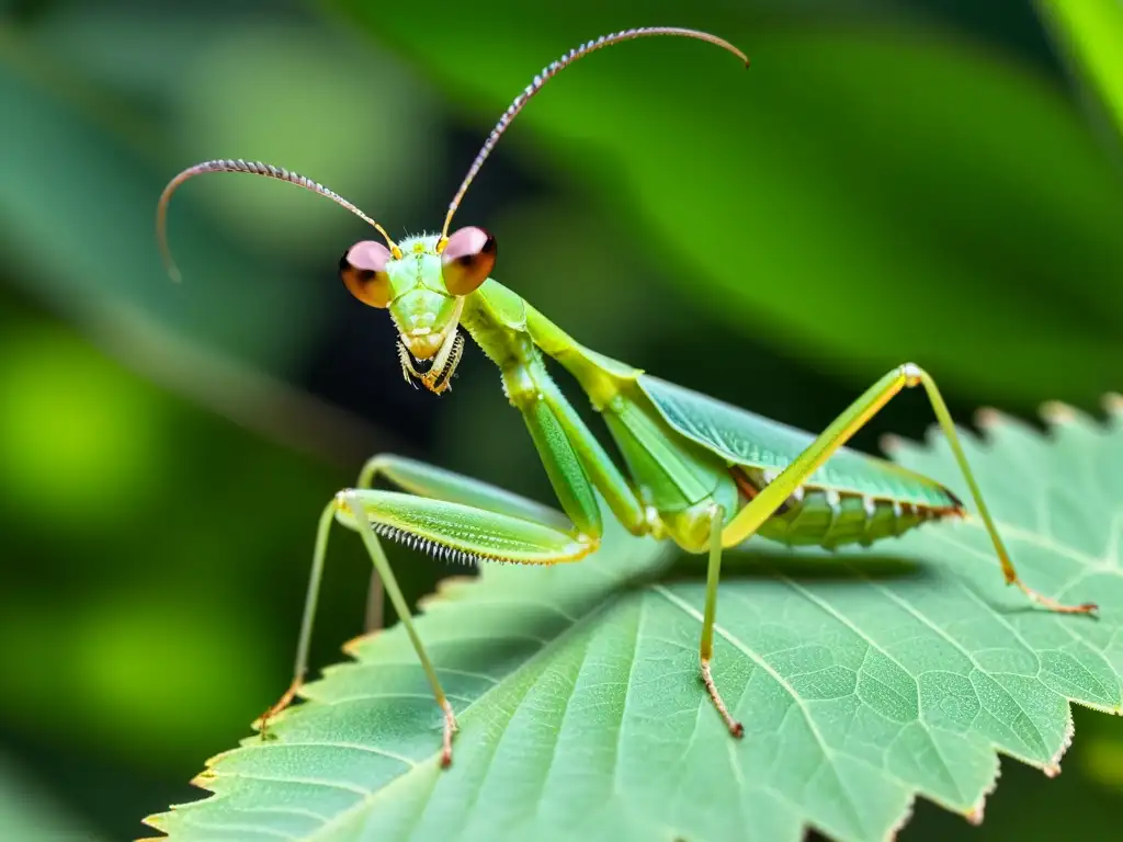 Una mantis religiosa verde vibrante observada con los mejores binoculares para observación de insectos, mostrando su asombrosa belleza en detalle