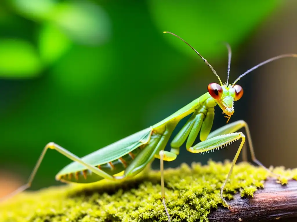 Una mantis religiosa verde vibrante se encuentra cuidadosamente aseando sus delicadas patas delanteras en un terrario cubierto de musgo