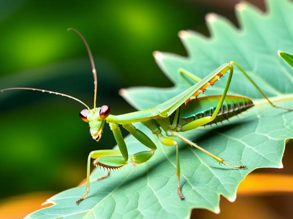 Una mantis religiosa verde vibrante en una hoja, lista para cazar