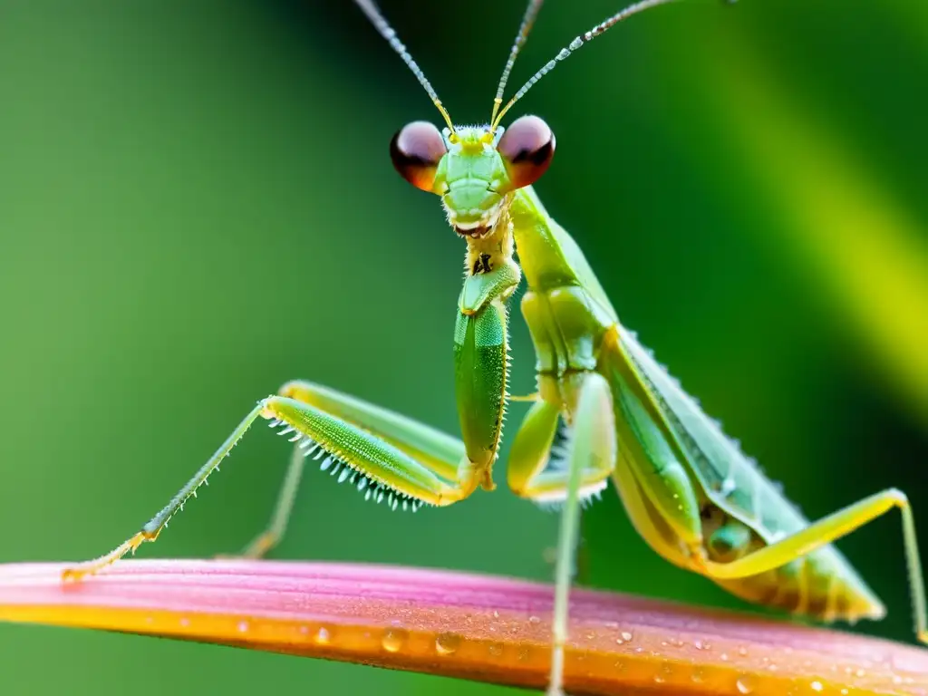 Una mantis religiosa verde vibrante descansa en una flor silvestre, con gotas de rocío en su exoesqueleto