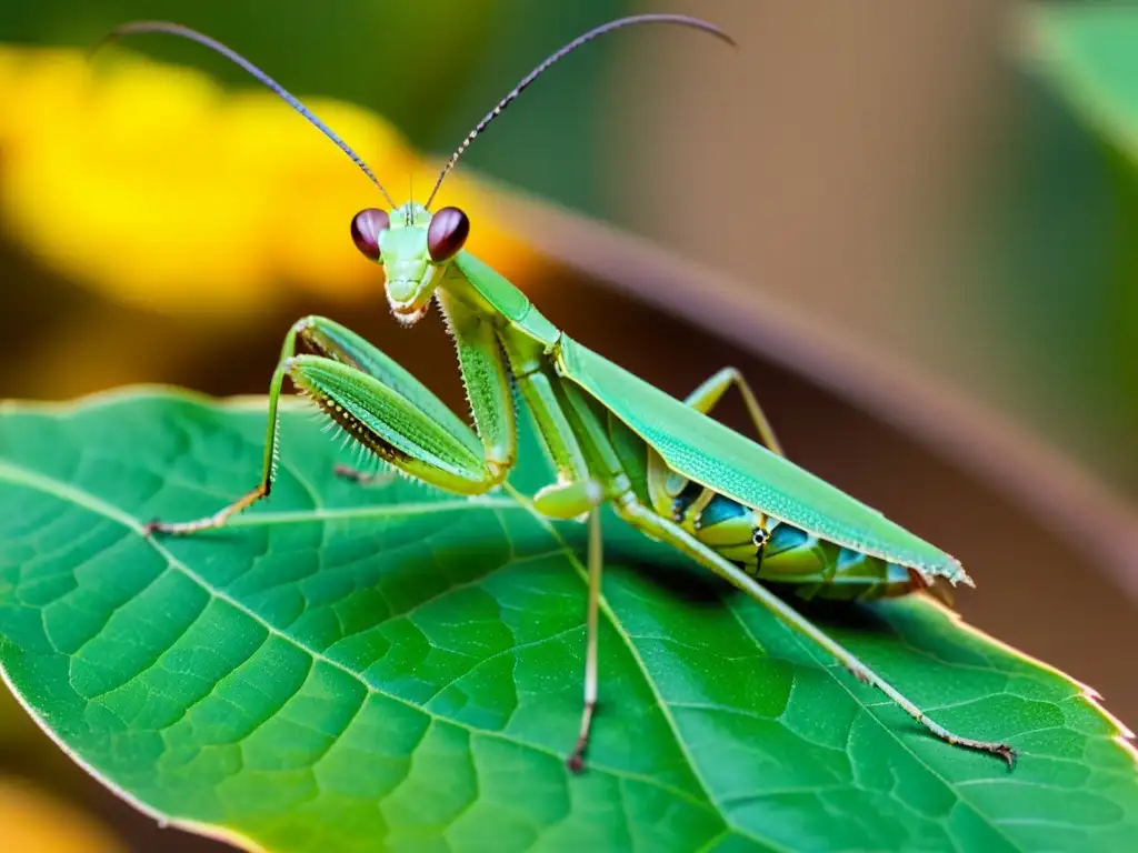 Una mantis religiosa verde vibrante descansa en una hoja, mostrando sus detalles intrincados y sus grandes ojos compuestos